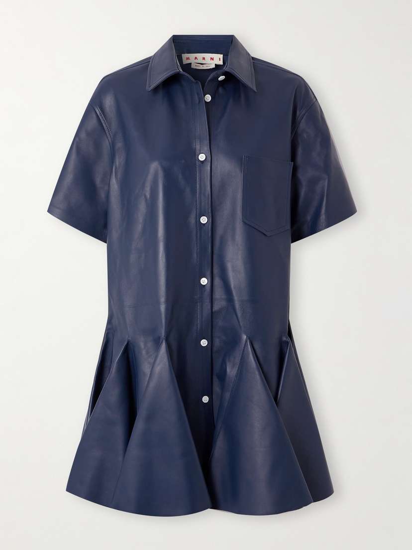 Marni Pleated Leather Mini Shirt Dress