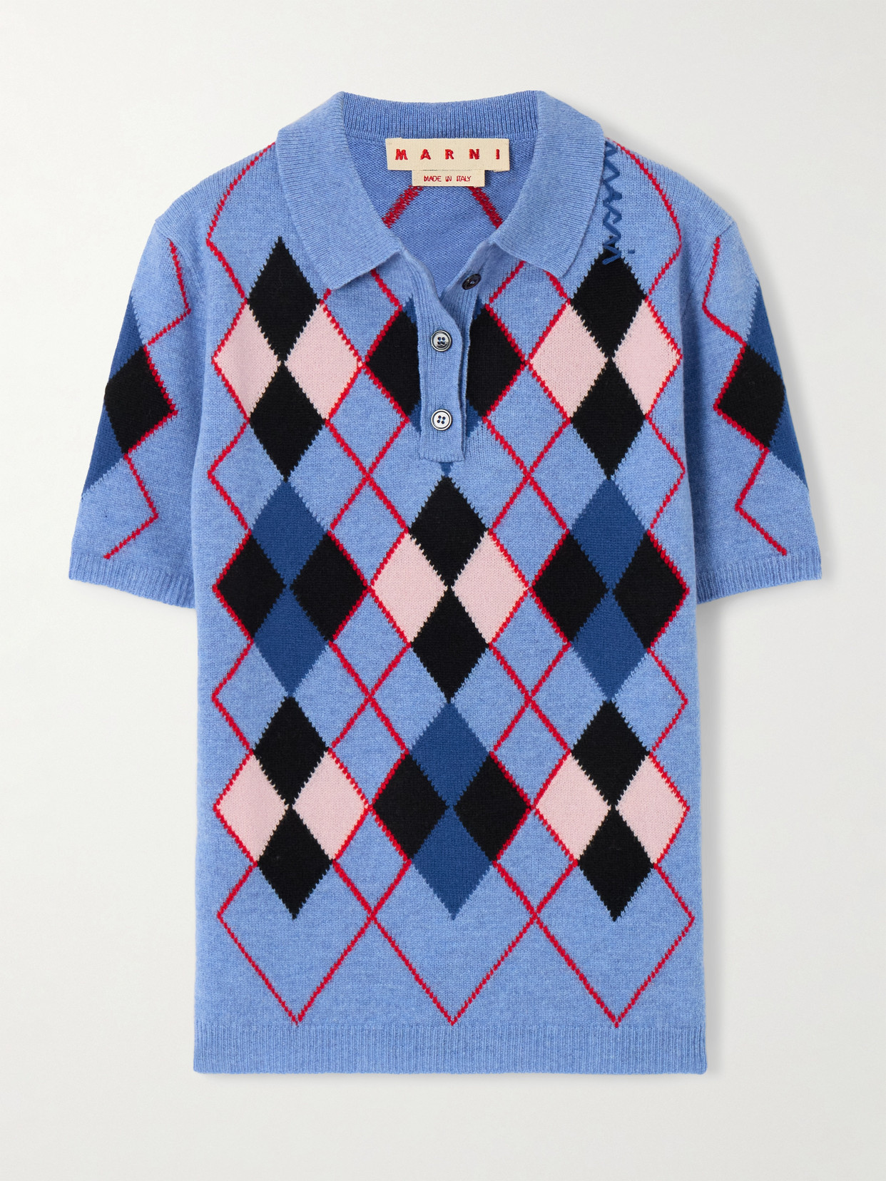 Marni Embroidered Argyle Wool Polo Shirt In Blue