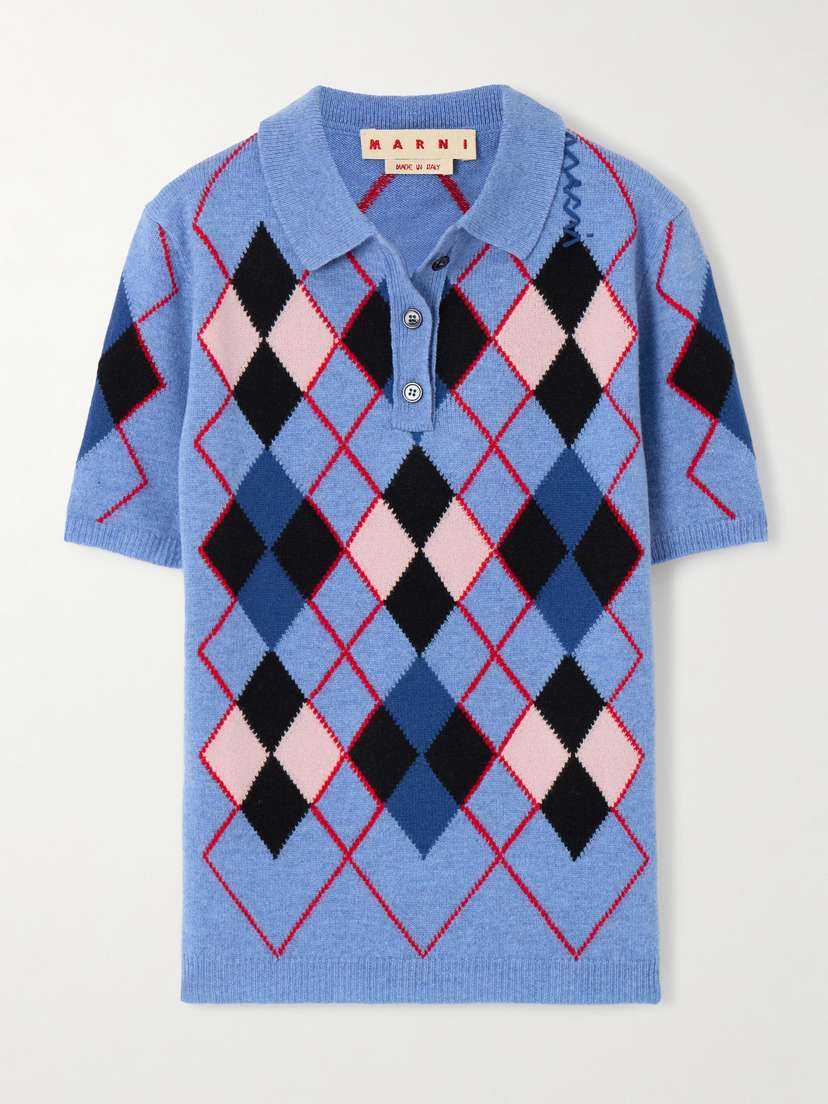 Marni Embroidered Argyle Wool Polo Shirt
