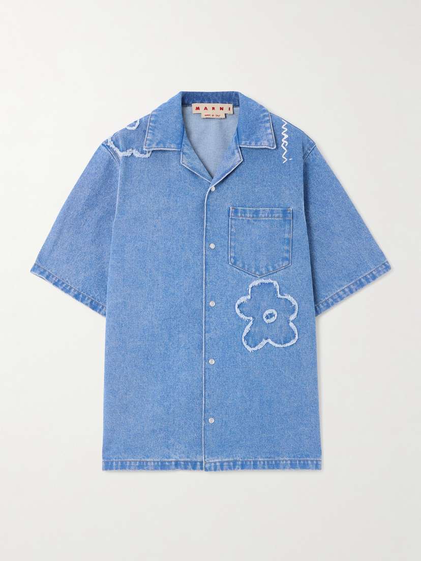 Marni Embroidered Frayed Denim Shirt