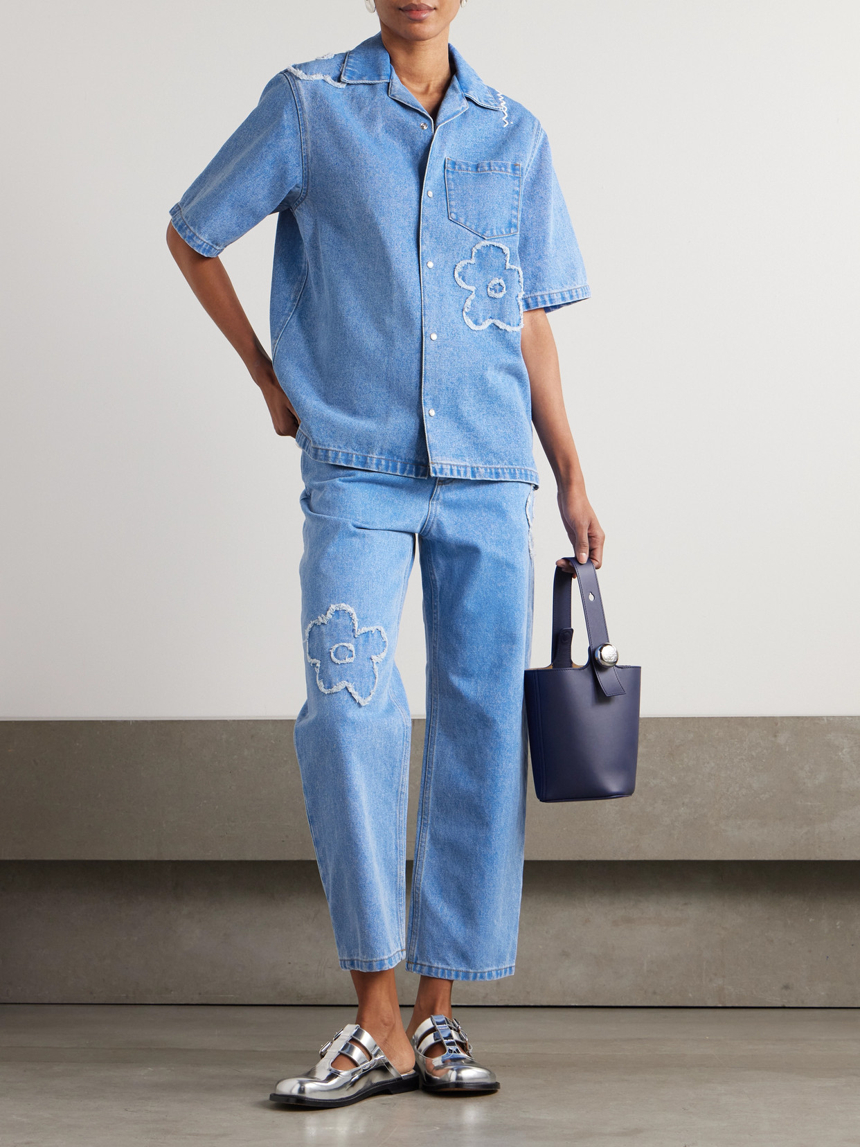 Marni Short Sleeve Button Up Top In Blue