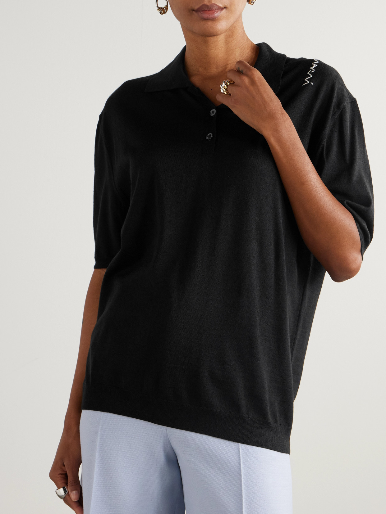 Marni Embroidered Wool And Silk-blend Polo In Black
