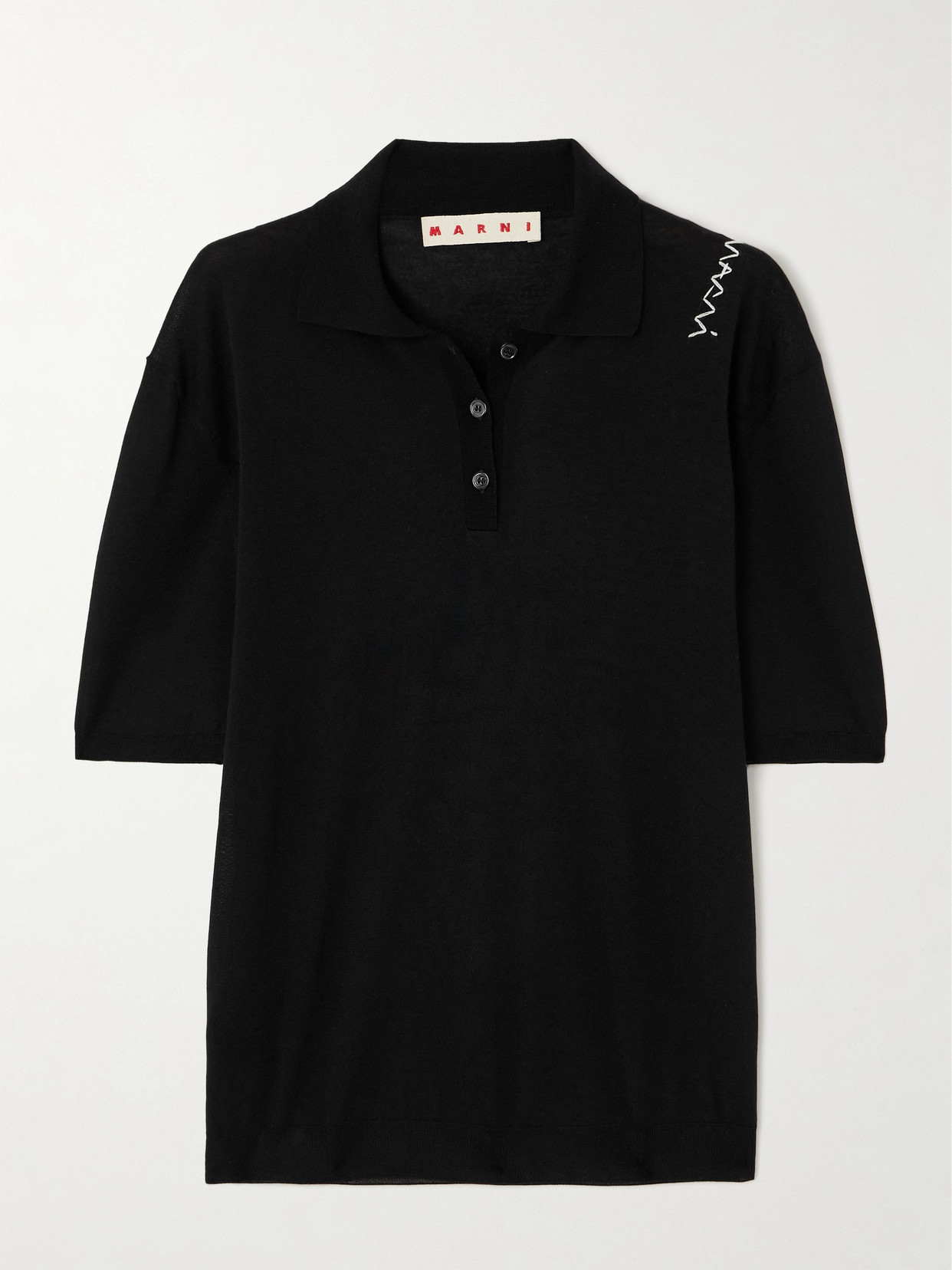 Marni Embroidered Wool And Silk-blend Polo In Black