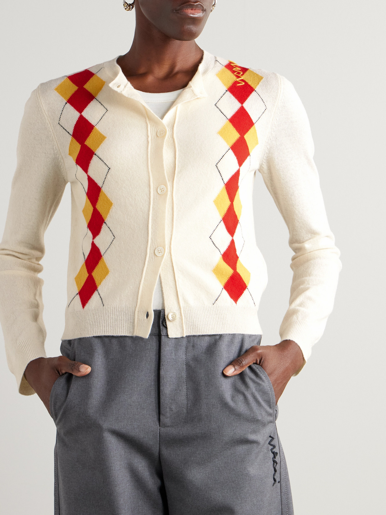 Marni Diamond-pattern Cardigan In Cream