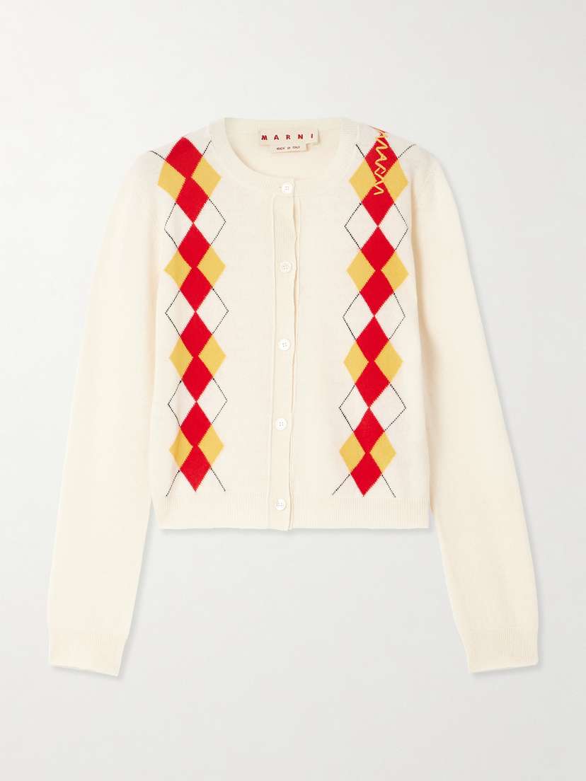 Marni Cropped Embroidered Argyle Wool Cardigan