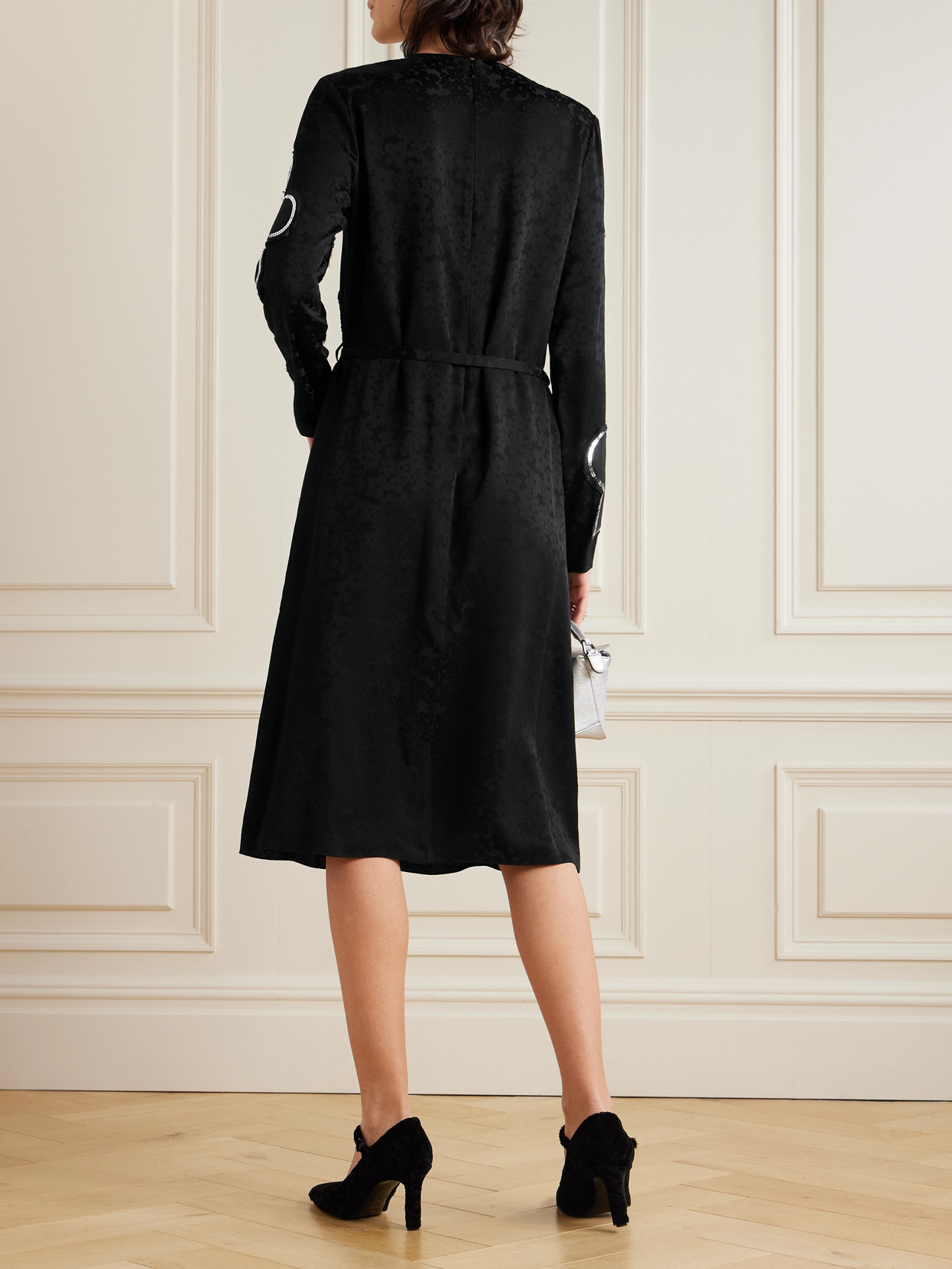 Marni Belted Sequin-embellished Floral Satin-jacquard Midi Dress In Black