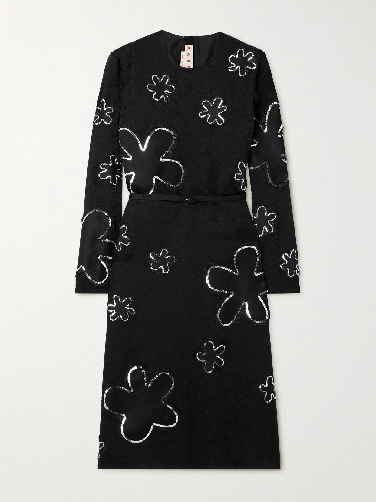 Marni Belted Sequin-embellished Floral Satin-jacquard Midi Dress In Black
