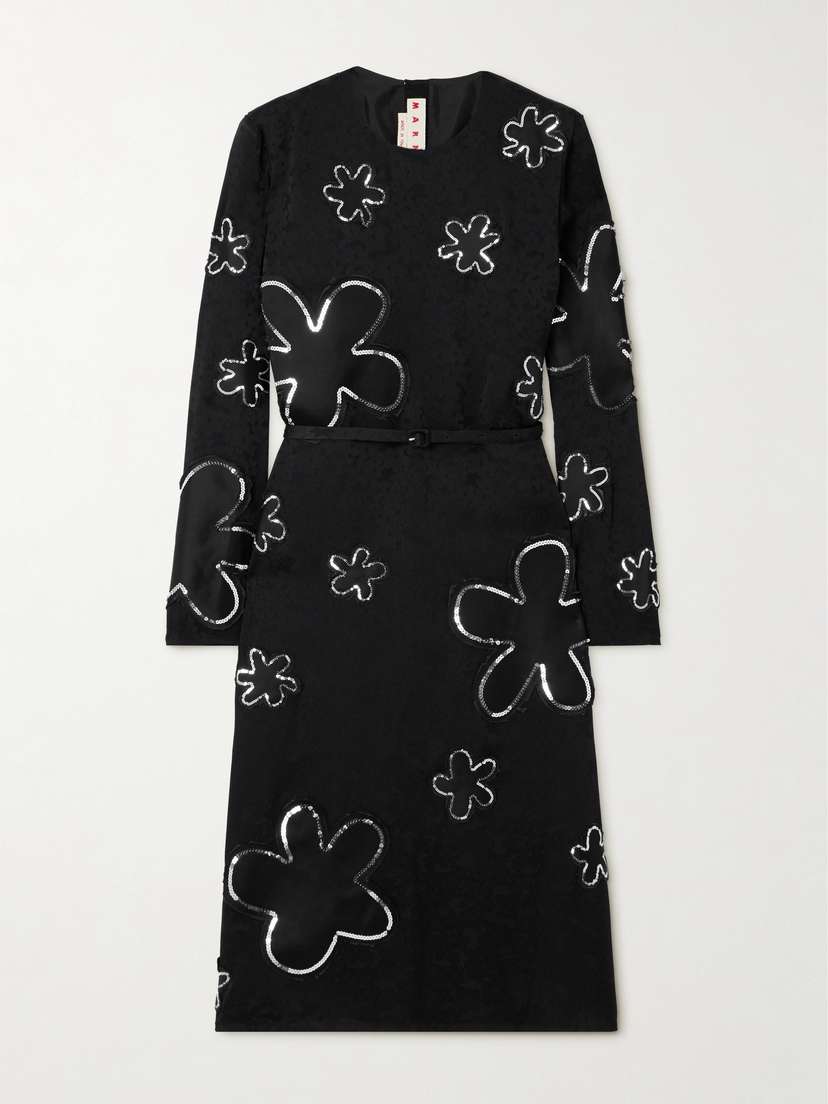 Marni Belted Sequin-embellished Floral Satin-jacquard Midi Dress