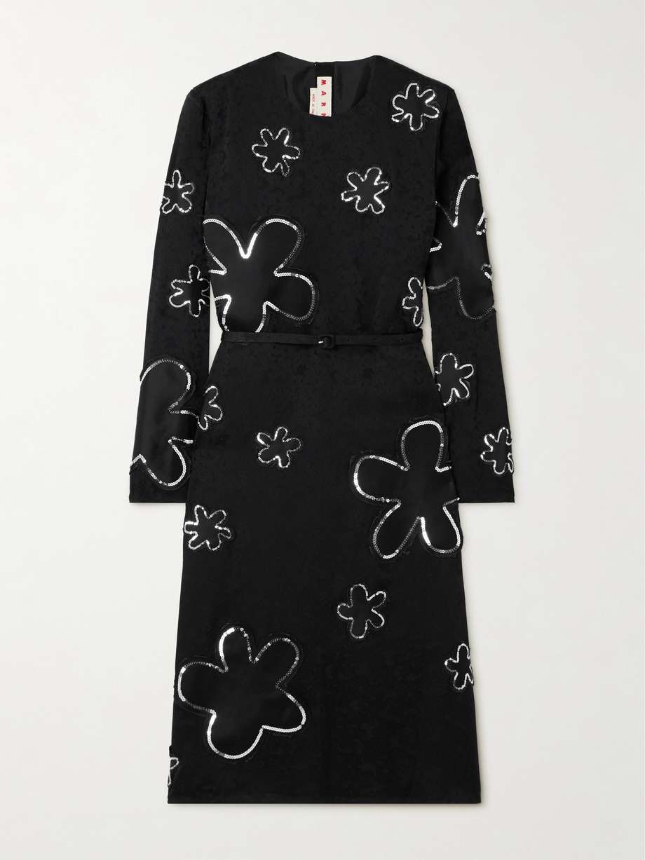 belted sequin-embellished floral satin-jacquard midi dress