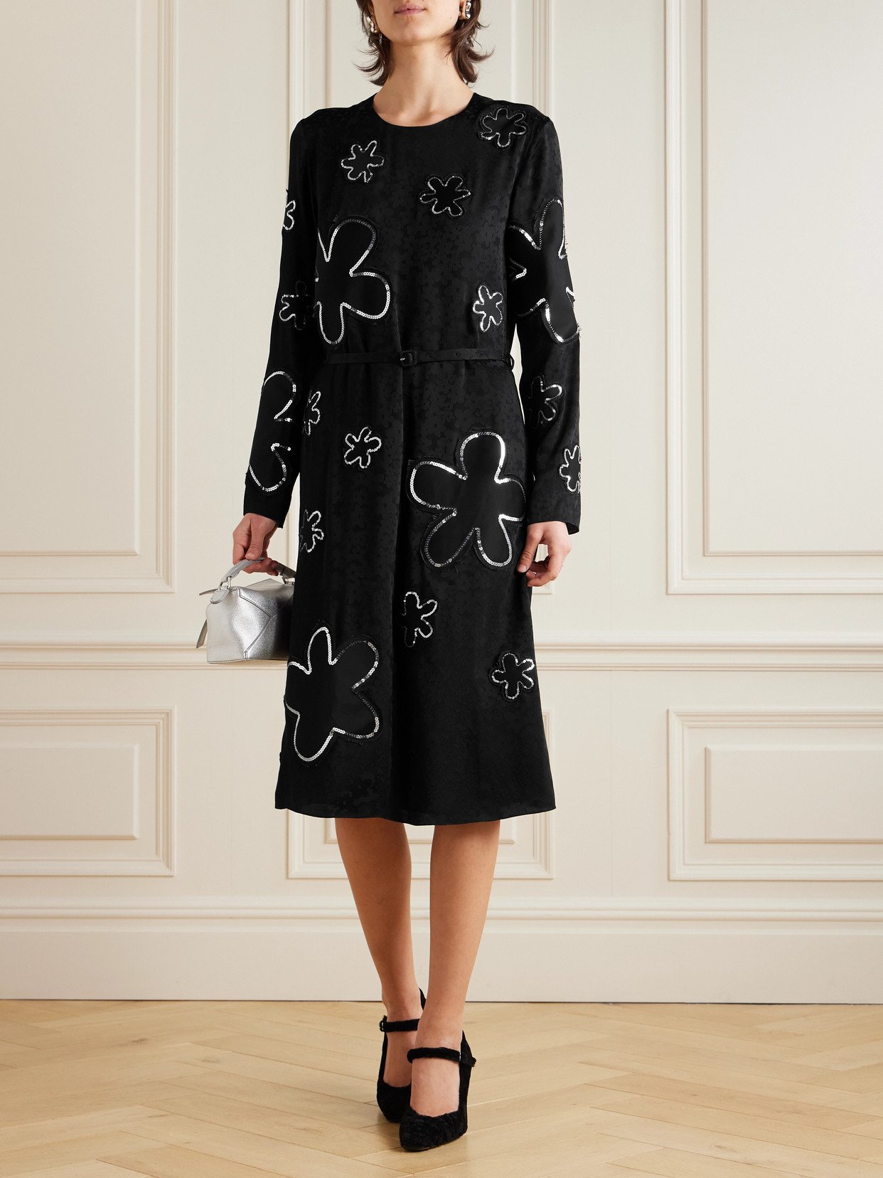 Marni Belted Sequin-embellished Floral Satin-jacquard Midi Dress In Black