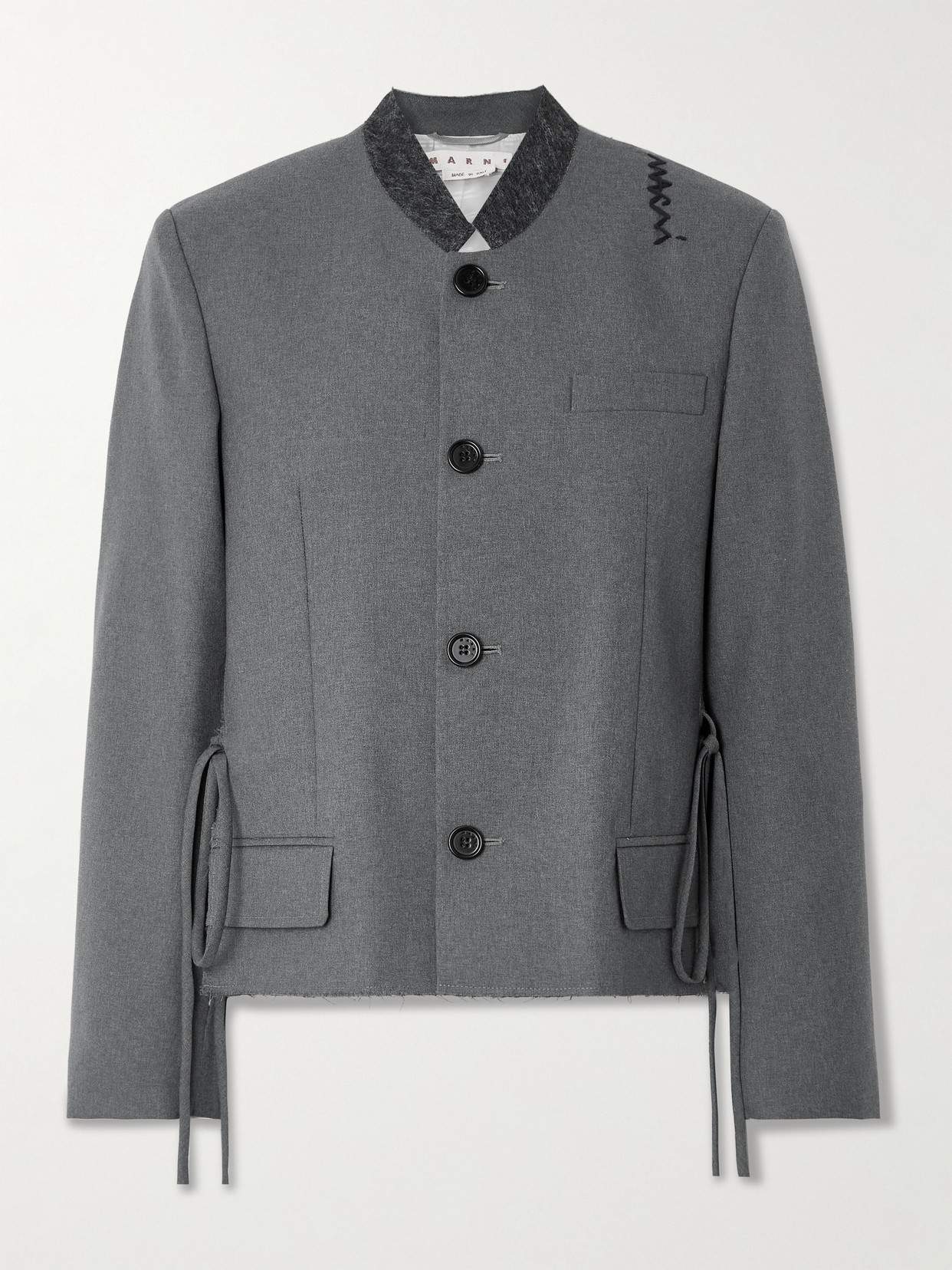 Marni Felt-trimmed Frayed Embroidered Wool Jacket In Gray