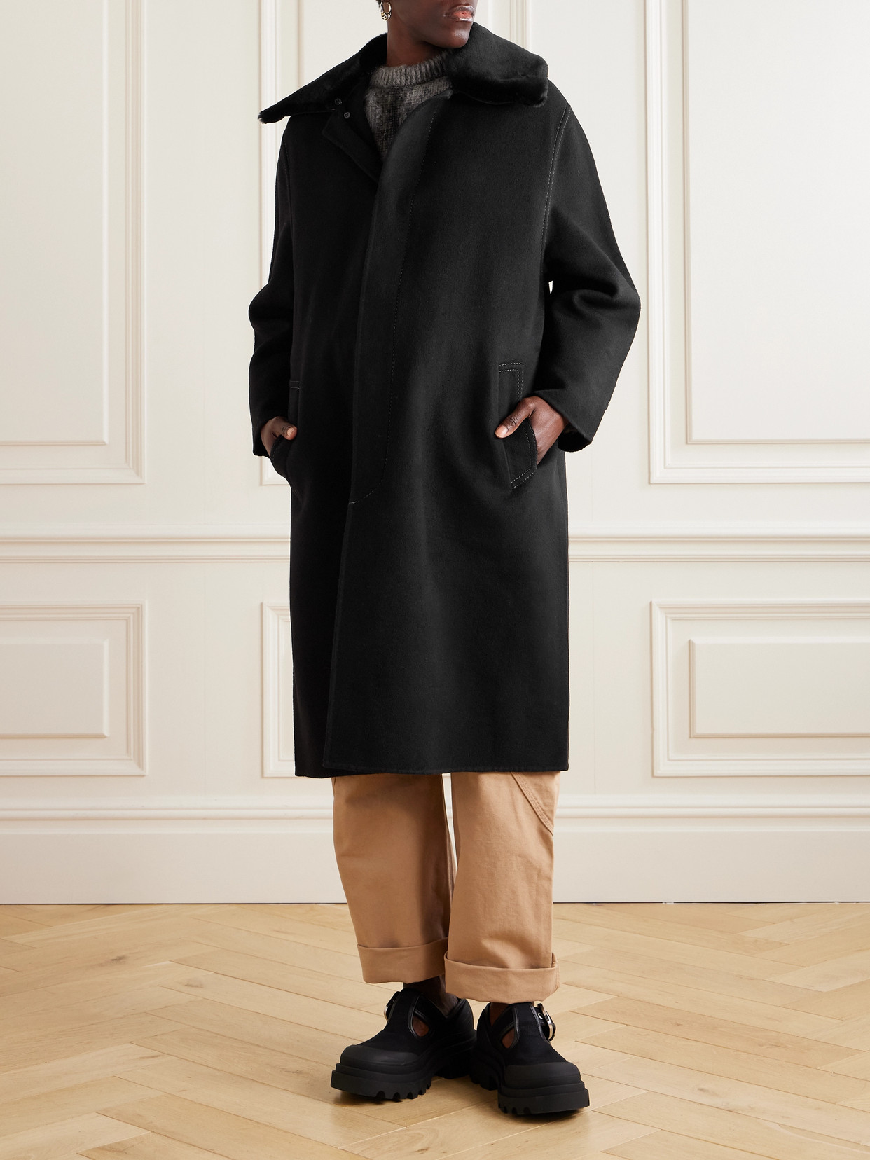 Marni Shearling-trimmed Wool And Cashmere-blend Coat In Black