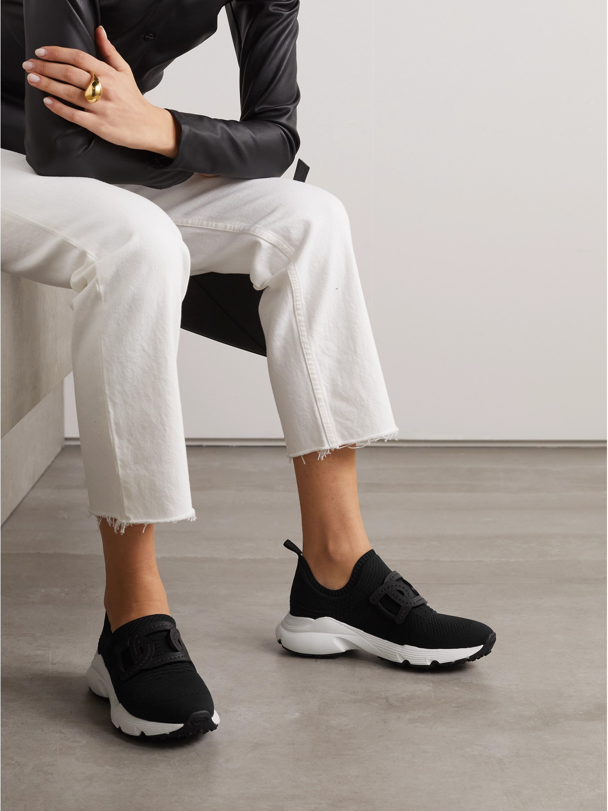 Tod's Leather-trimmed Stretch-knit Slip-on Sneakers In Black