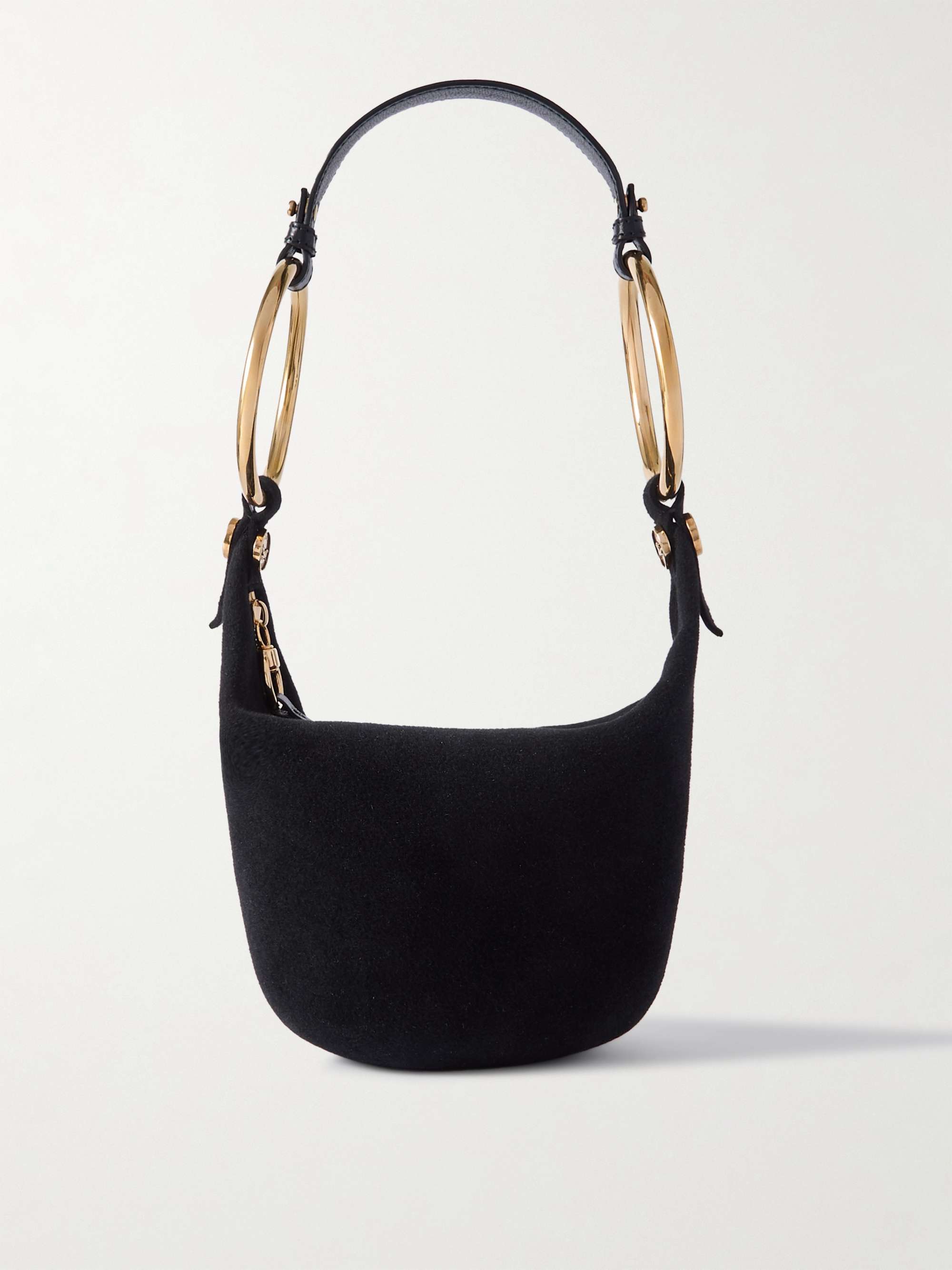 Bracelet embellished leather trimmed suede shoulder bag black One Size