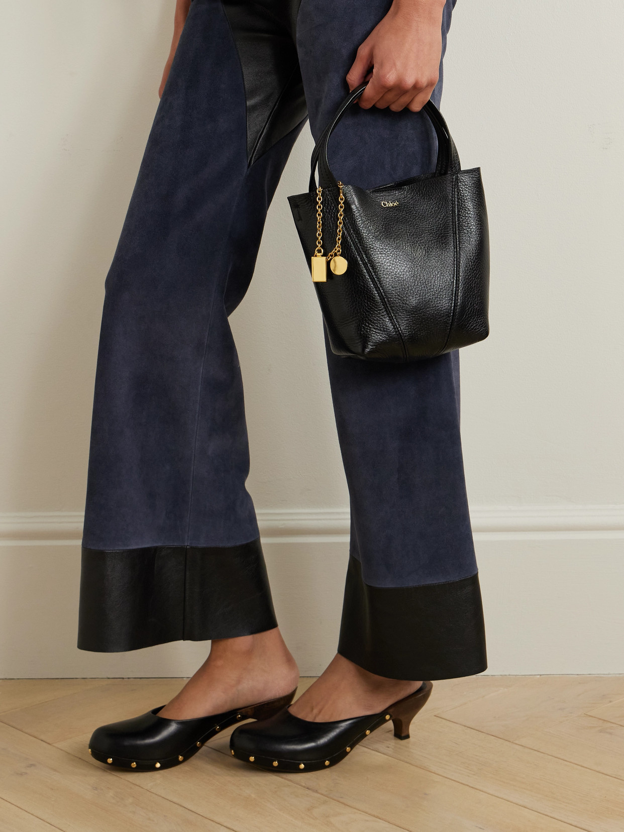 Chloé Spin Small Embellished Paneled Textured-leather Tote In Black
