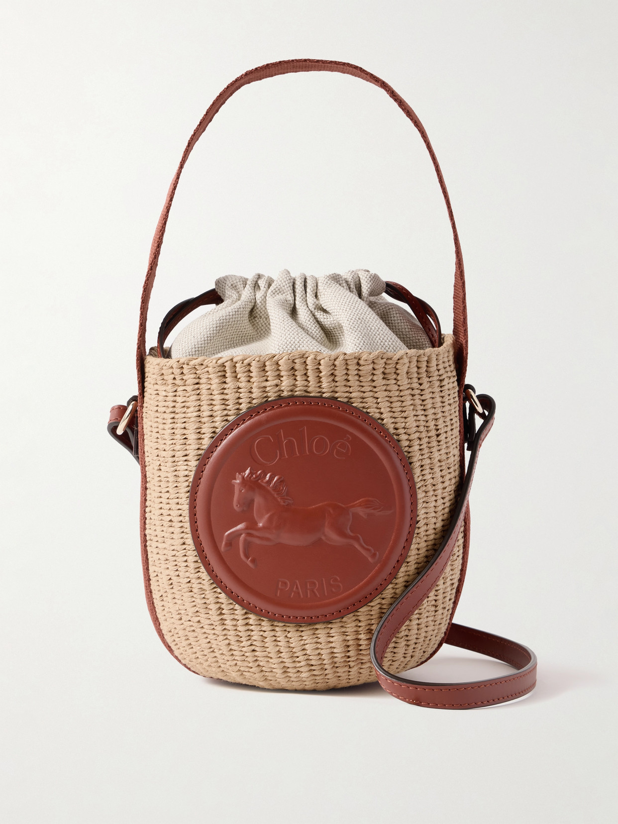 CHLOÉ HORSE MEDAL BASKET LEATHER AND CANVAS-TRIMMED RAFFIA TOTE