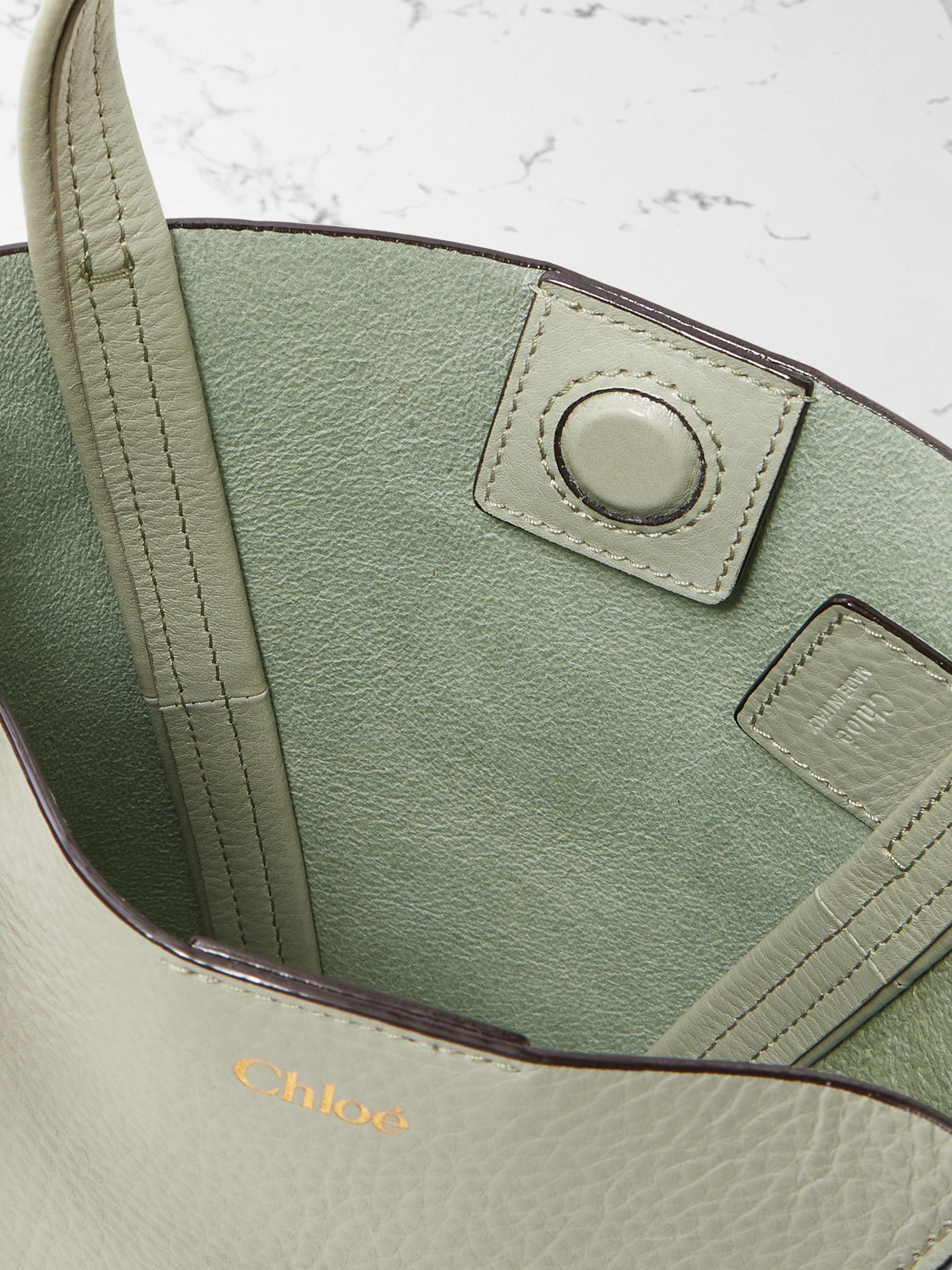 Chloé Spin Small Embellished Paneled Textured-leather Tote In Green