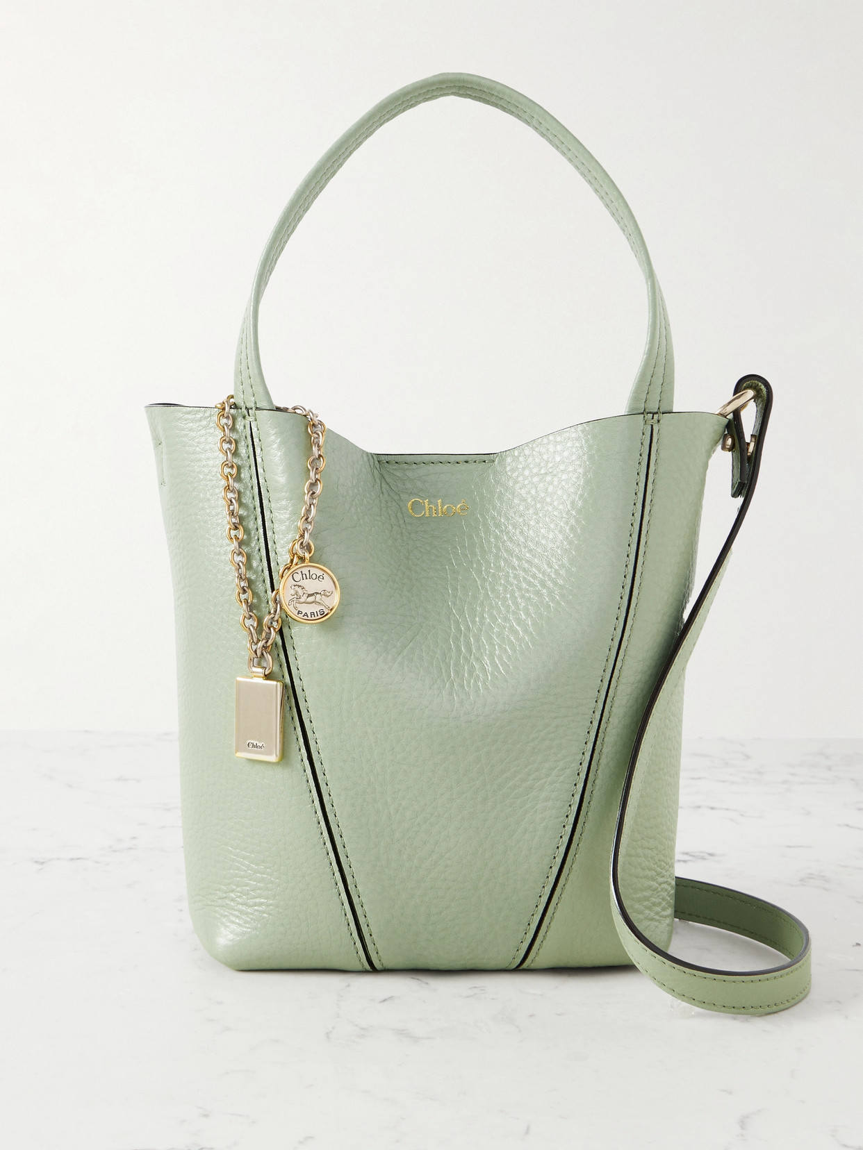 Chloé Spin Small Embellished Paneled Textured-leather Tote In Green
