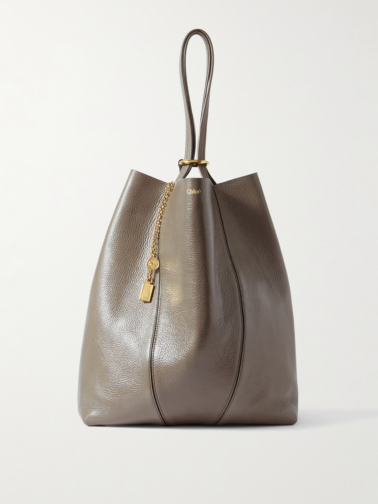 Chloé Spin Embellished Paneled Textured-leather Tote In Brown