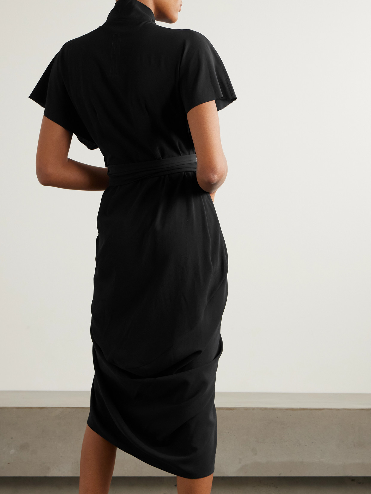 Rick Owens Draped Crepe Midi Wrap Dress In Black