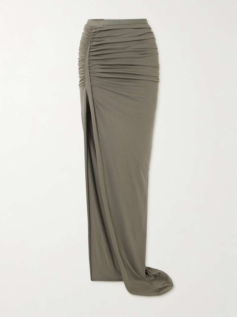 Rick Owens Edfu Asymmetric Ruched Cotton-jersey Maxi Skirt