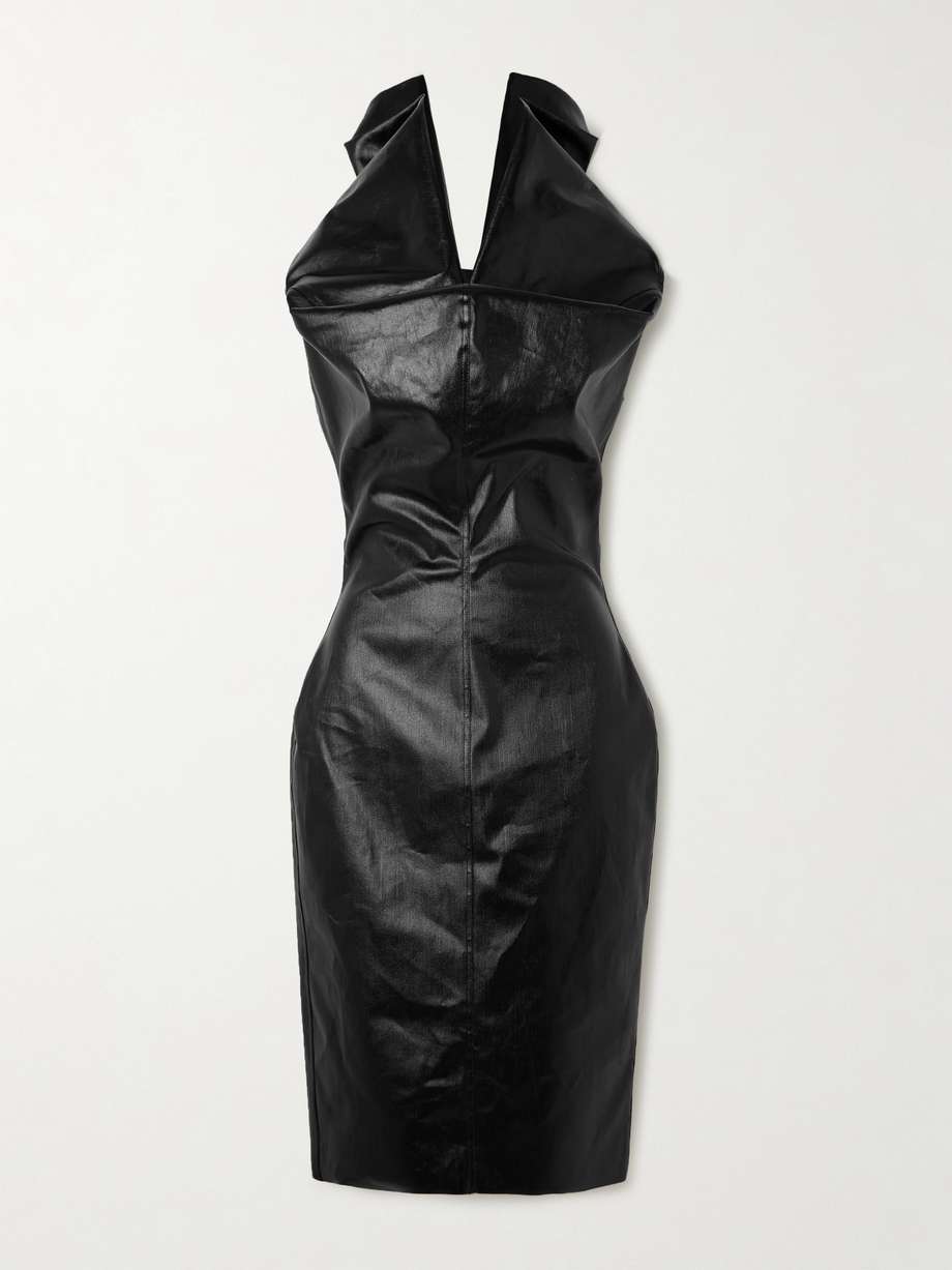 draped coated-denim midi dress