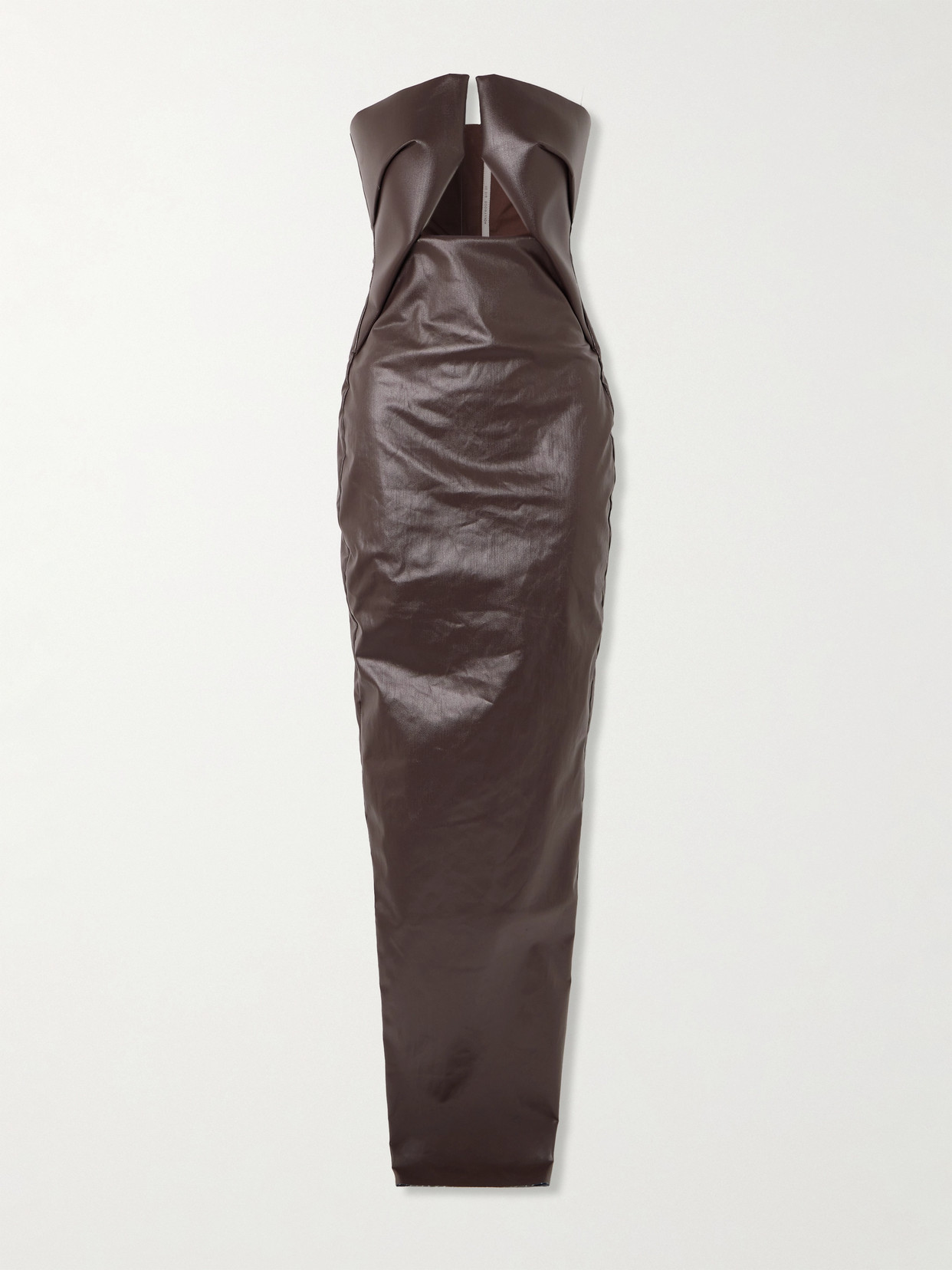 Rick Owens Strapless Cutout Coated-denim Gown In Brown