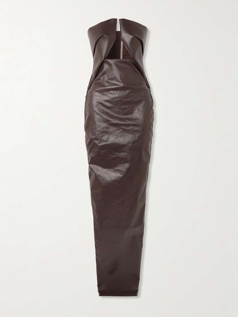 Rick Owens Strapless Cutout Coated-denim Gown
