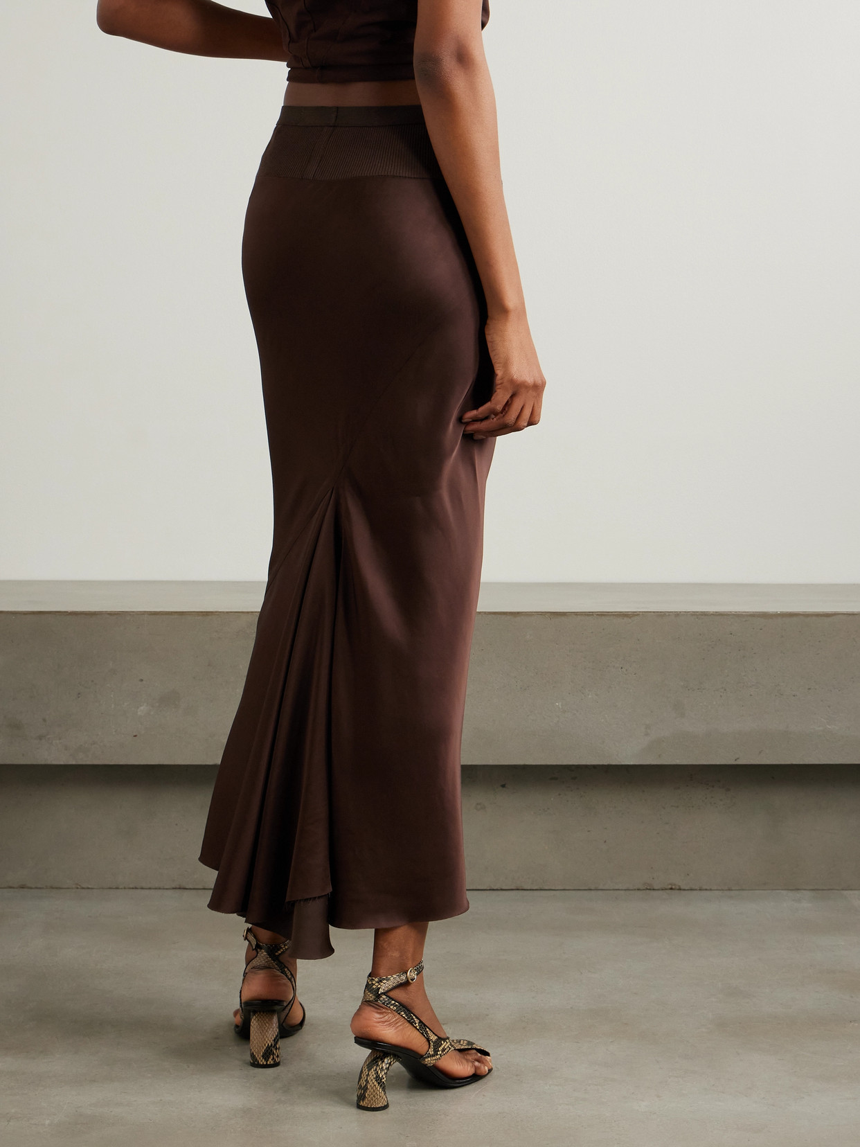 Rick Owens Ribbed Cotton-blend Trimmed Charmeuse Maxi Skirt In Brown