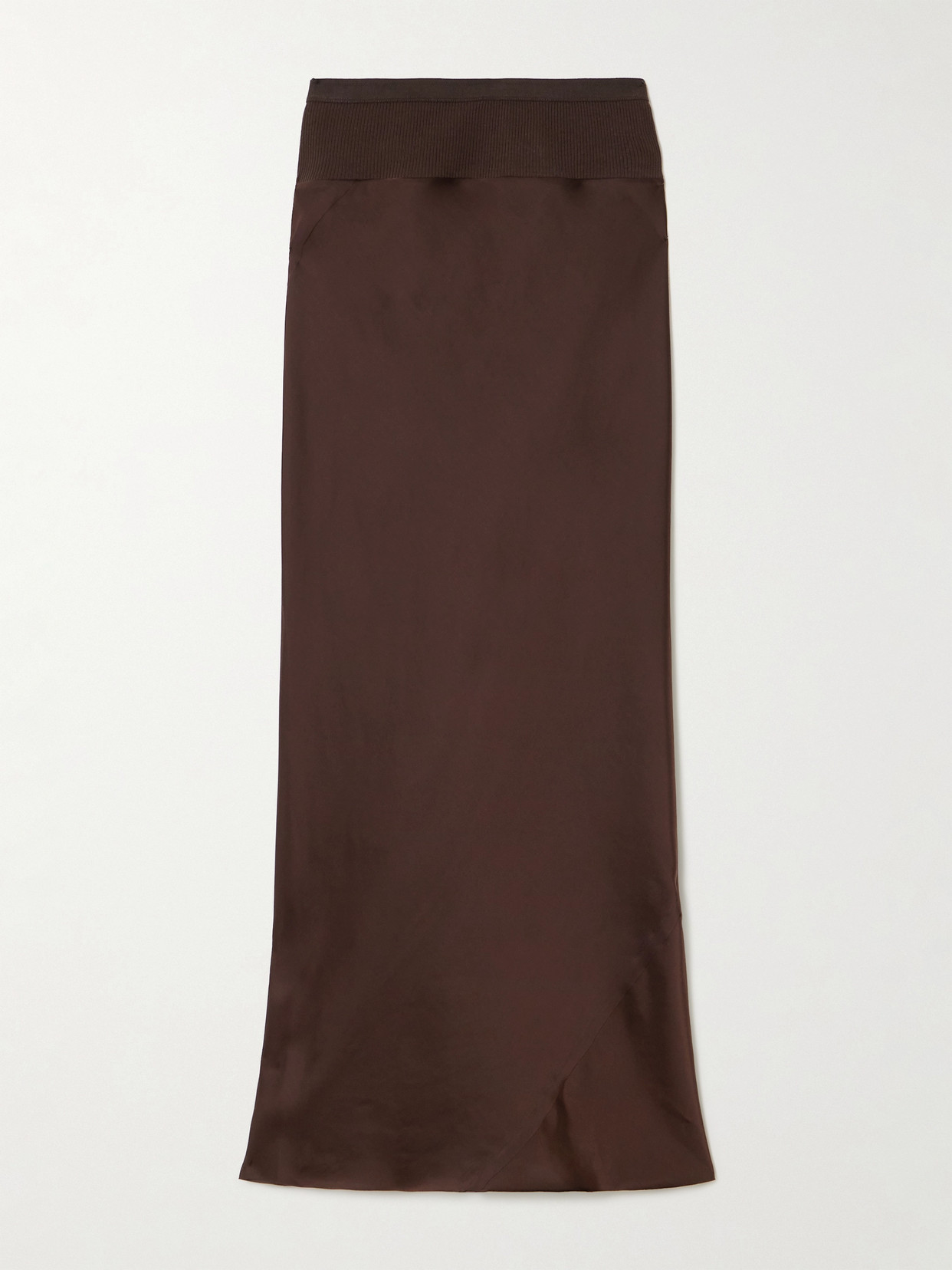 Rick Owens Ribbed Cotton-blend Trimmed Charmeuse Maxi Skirt In Brown