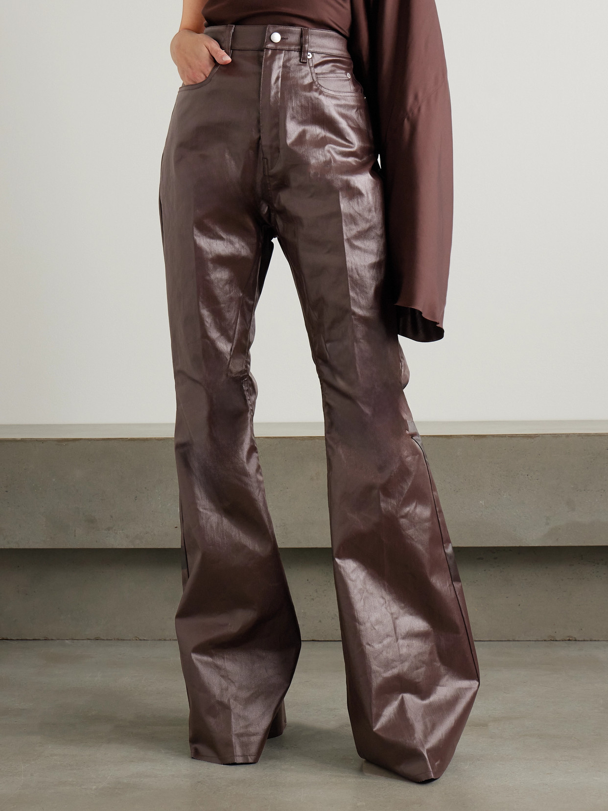 Rick Owens Bolan Coated High-rise Flared Jeans In Brown