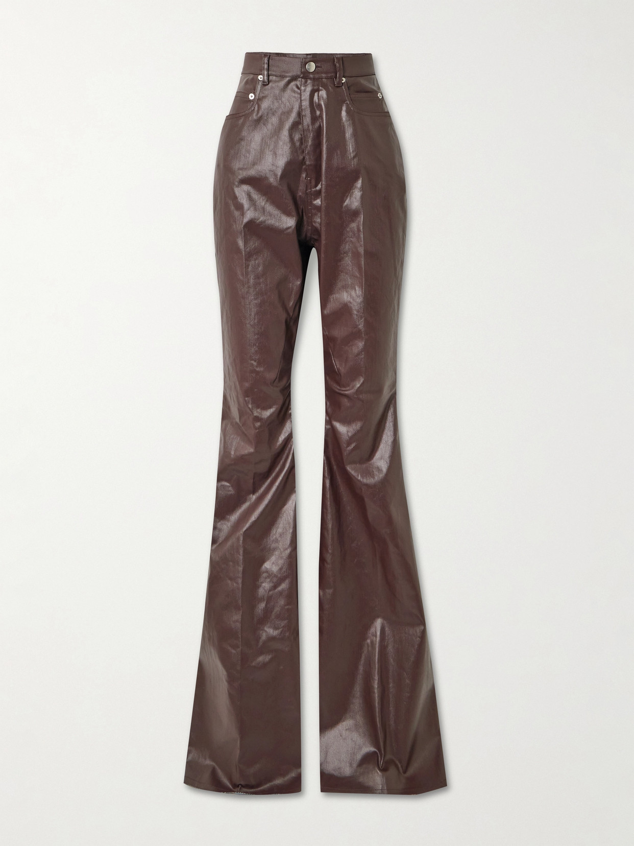 Rick Owens Bolan Coated High-rise Flared Jeans In Brown