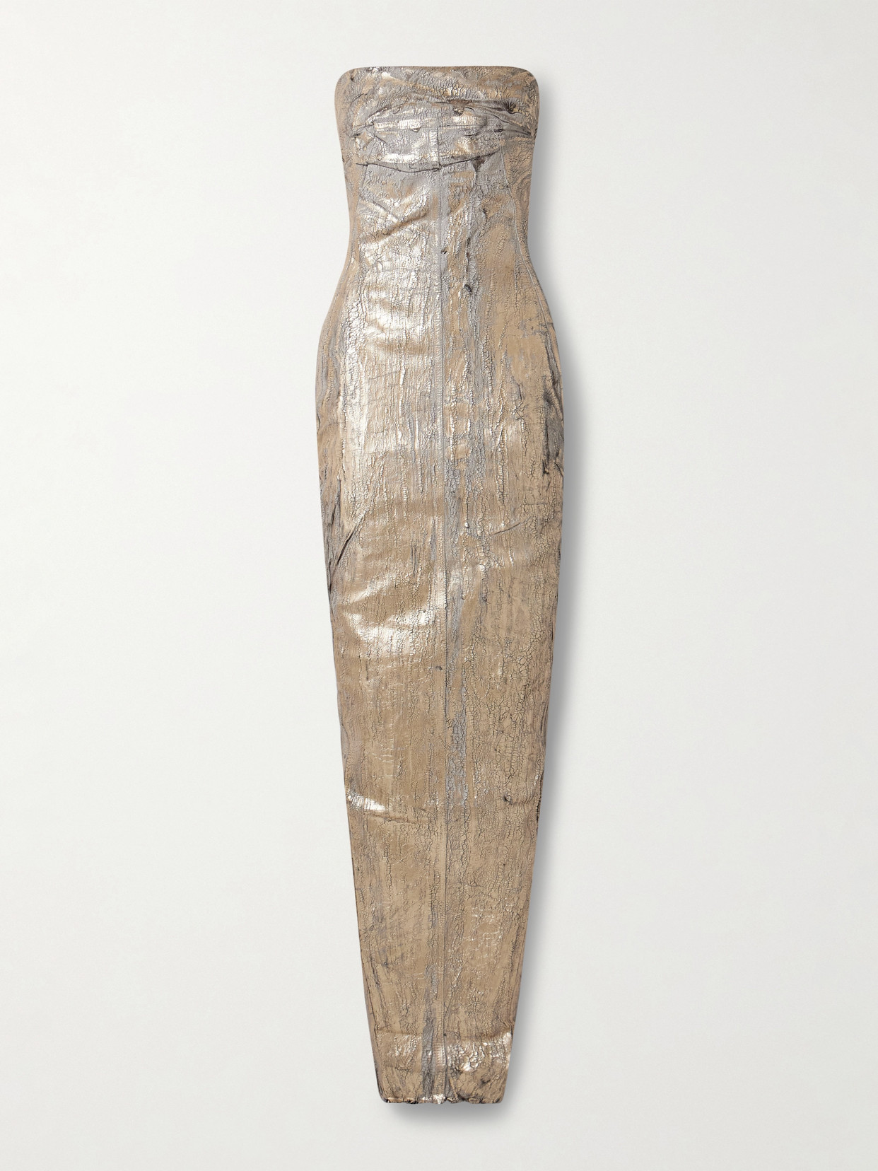 Shop Rick Owens Abito Strapless Metallic Coated-denim Gown In Gold