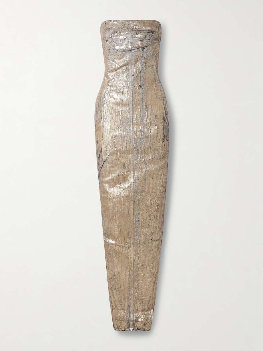 abito strapless metallic coated-denim gown
