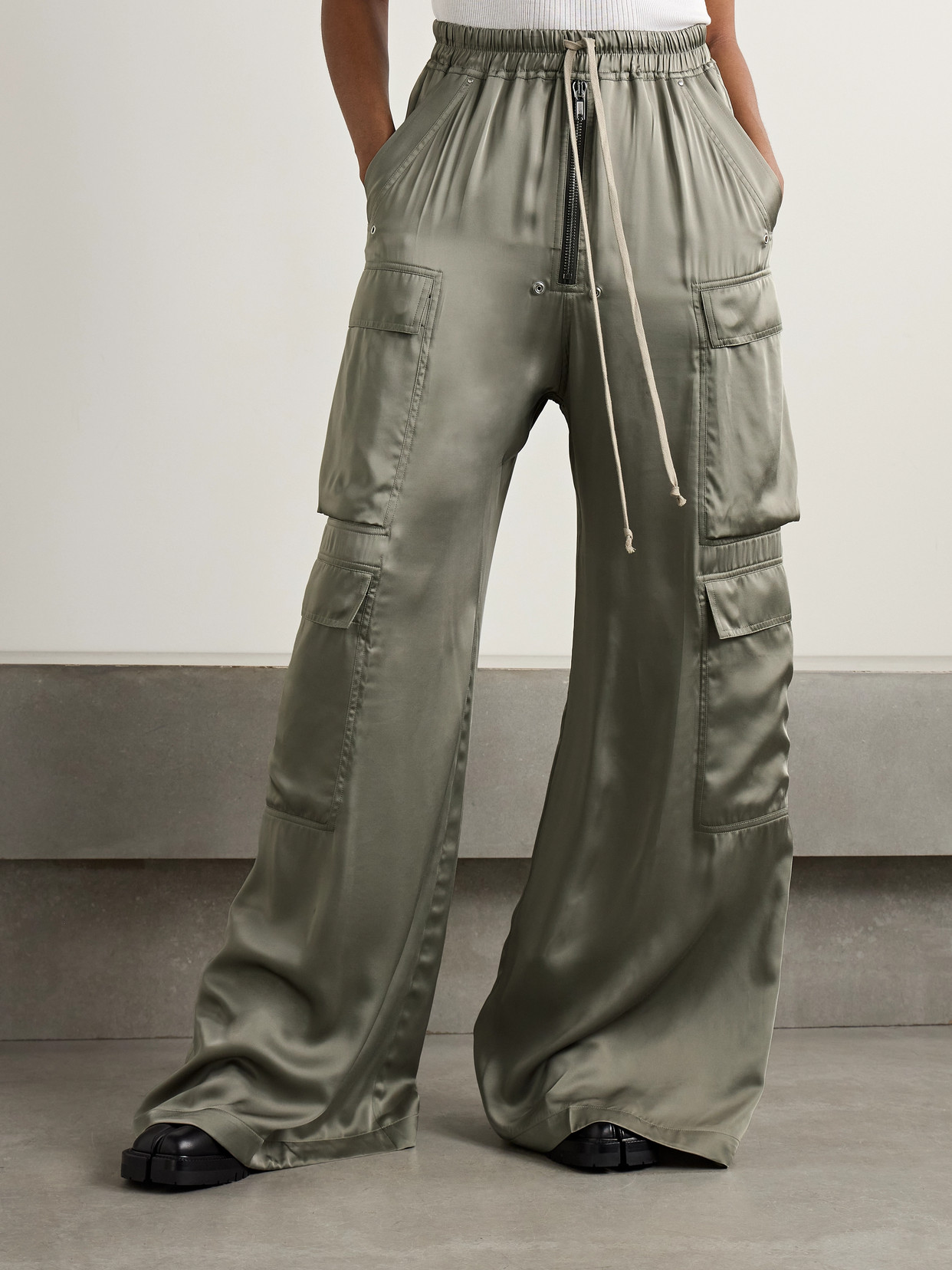 Rick Owens Satin Wide-leg Cargo Pants In Green