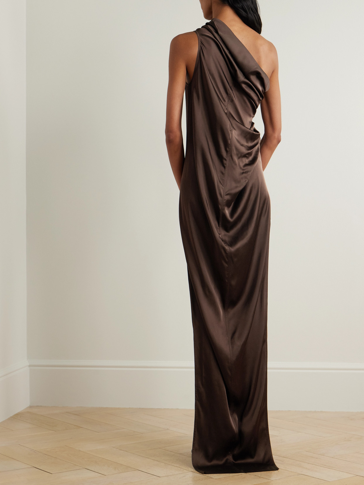 Rick Owens Athena Arrowhead One-shoulder Draped Satin Maxi Dress In Brown