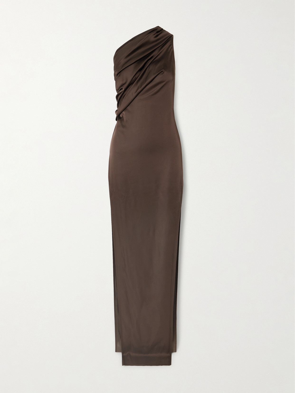 Rick Owens Athena Arrowhead One-shoulder Draped Satin Maxi Dress In Brown