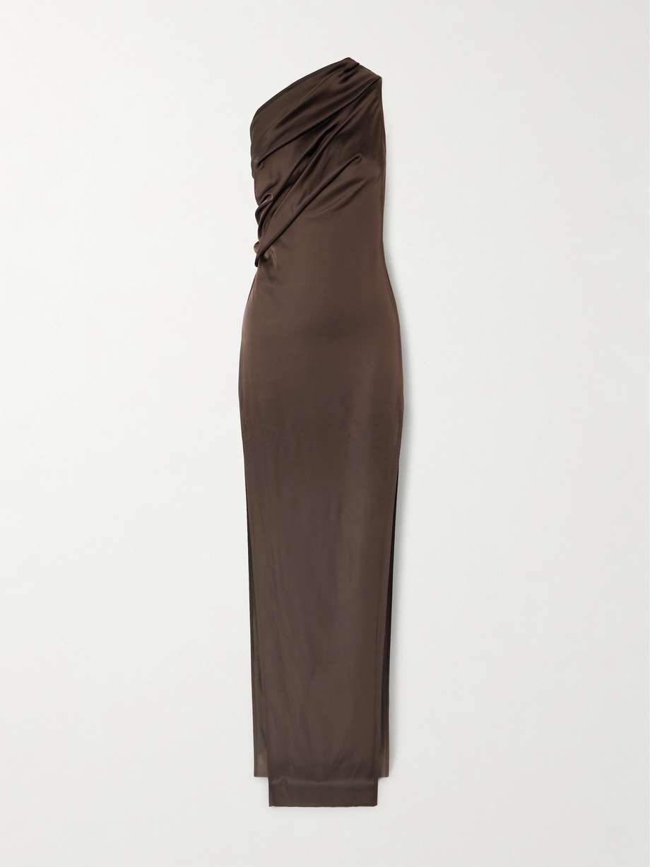 athena arrowhead one-shoulder draped satin maxi dress