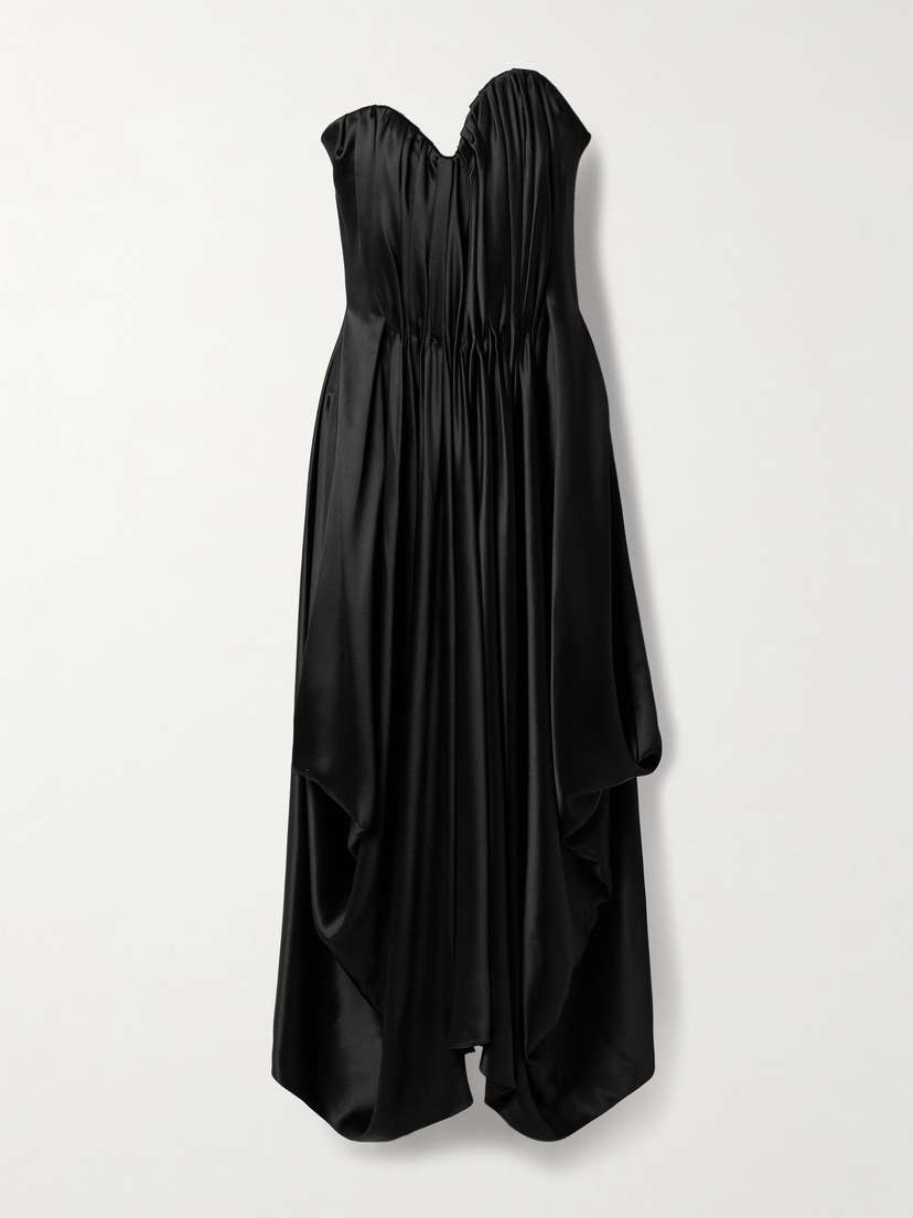 McQueen Strapless Pleated Hammered-satin Maxi Dress