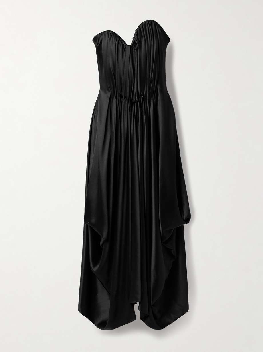 strapless pleated hammered-satin maxi dress