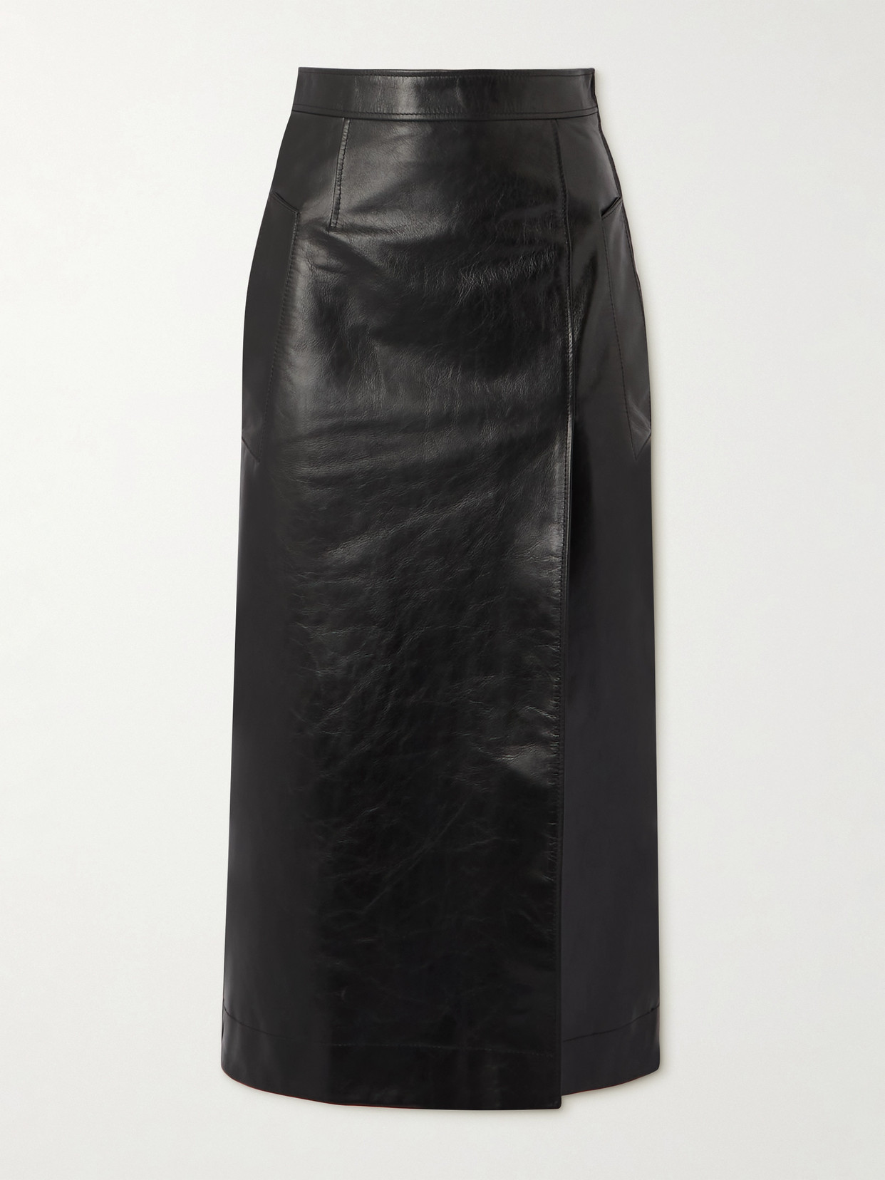 Alexander Mcqueen Wrap-effect Chain-embellished Paneled Leather Midi Skirt In Black