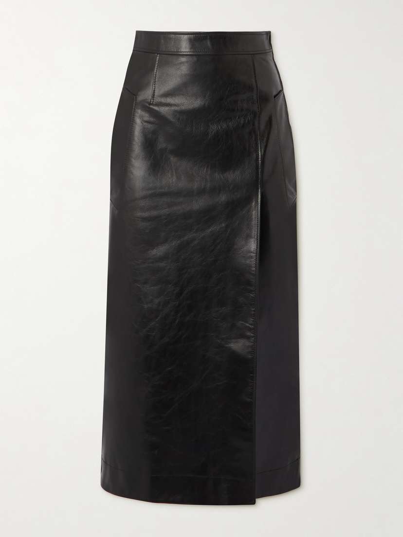 McQueen Wrap-effect Chain-embellished Paneled Leather Midi Skirt