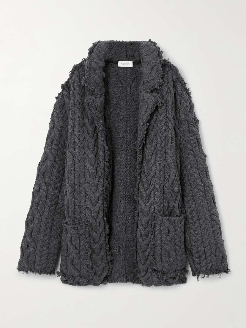 McQueen Distressed Embellished Cable-knit Wool-blend Cardigan