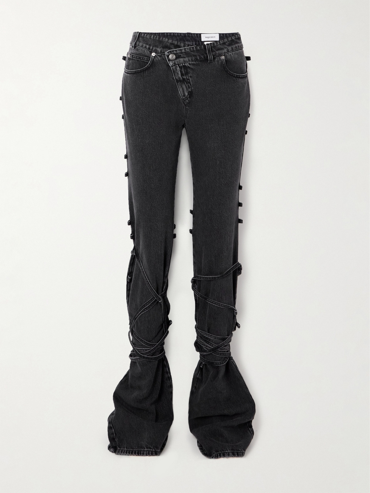Alexander Mcqueen Asymmetric Knotted Low-rise Flared Jeans In Black