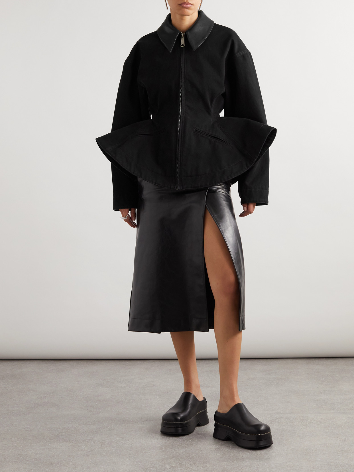 Alexander Mcqueen Paneled Leather-trimmed Cotton-canvas Peplum Jacket In Black
