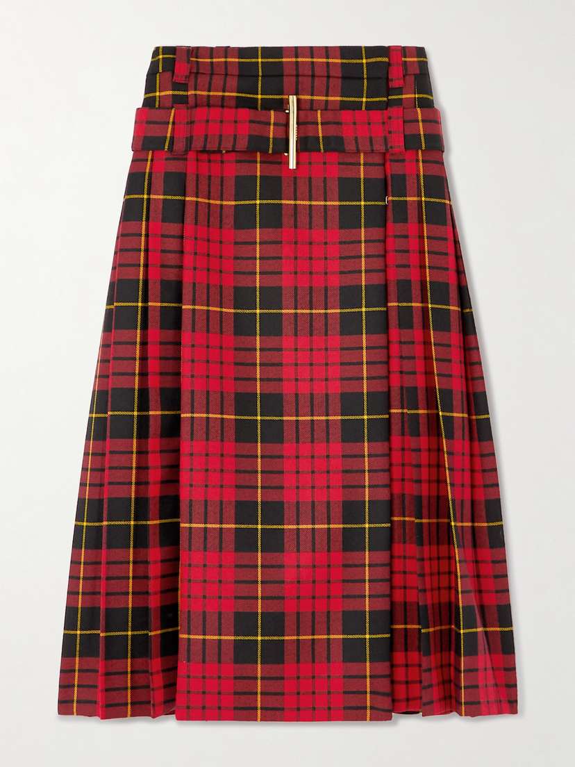 McQueen Belted Pleated Tartan Wool Midi Skirt