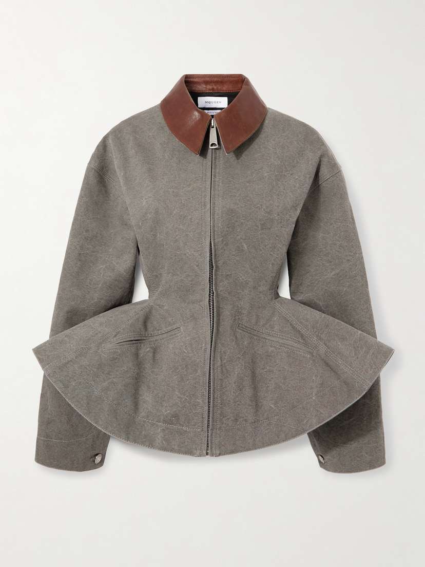 McQueen Paneled Leather-trimmed Cotton-canvas Peplum Jacket