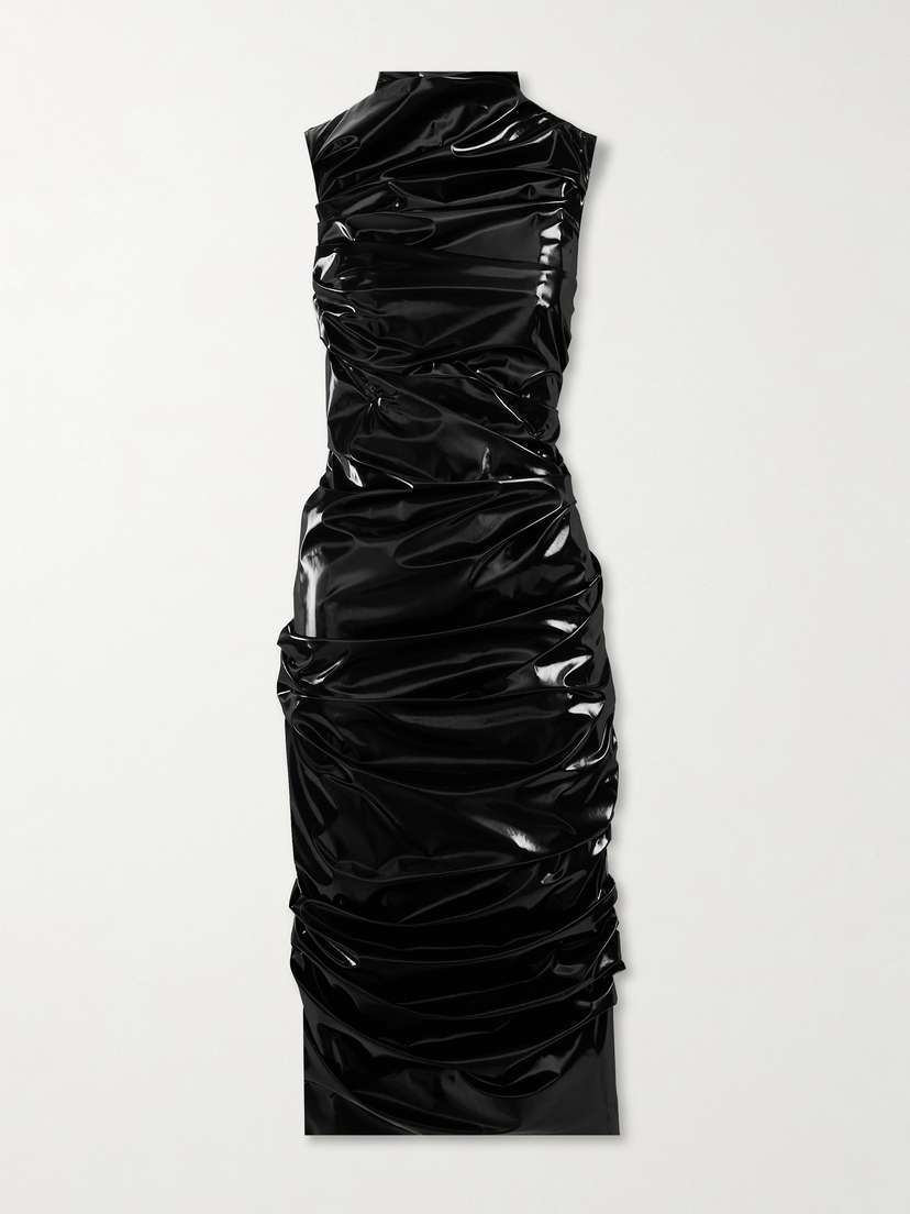 McQueen Ruched Pu-coated Crepe Midi Dress