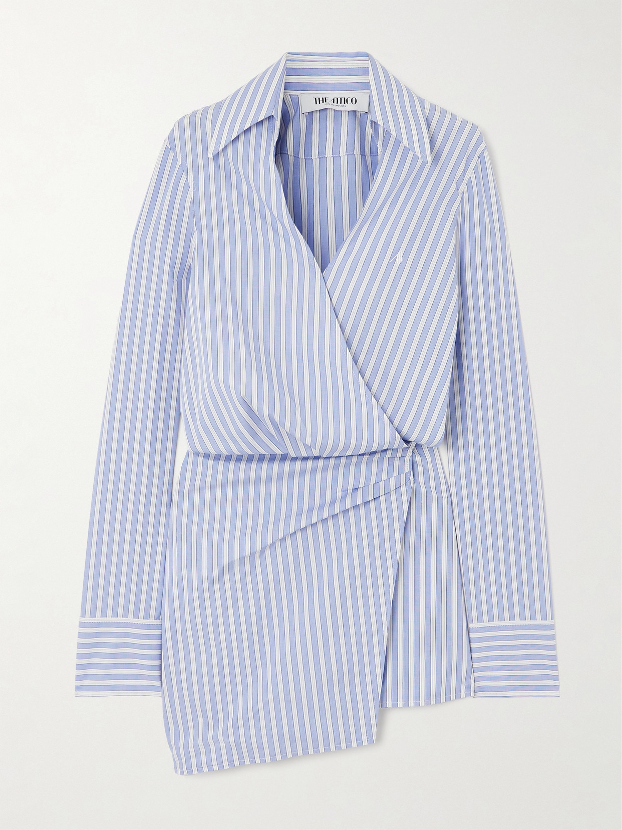 Attico Mini Striped Dress With V-neck, Long Sleeves, White And Navy Blue Cotton, Tied Waist In Blue
