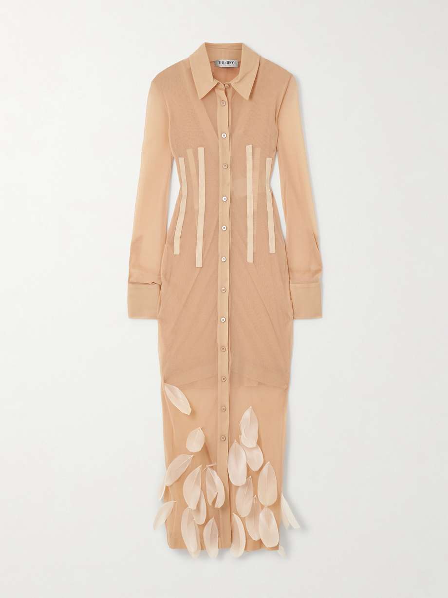 grosgrain and feather-trimmed tulle midi shirt dress